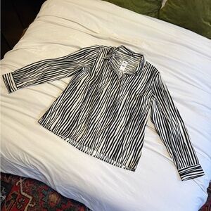 Women’s silky Black and White Striped Button-Up Shirt.